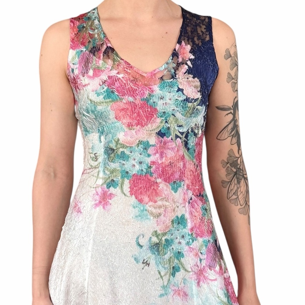 Komarov Floral Lace Maxi Dress Crinkle Satin Corset Back Cottagecore Romantic SM - Picture 15 of 15